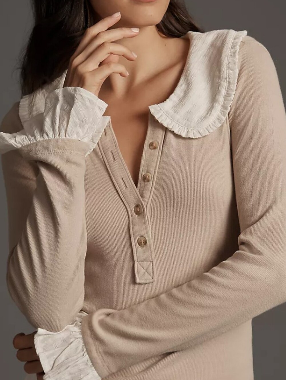Pilcro Ribbed Henley Top with Ruffle Collar *Size Medium